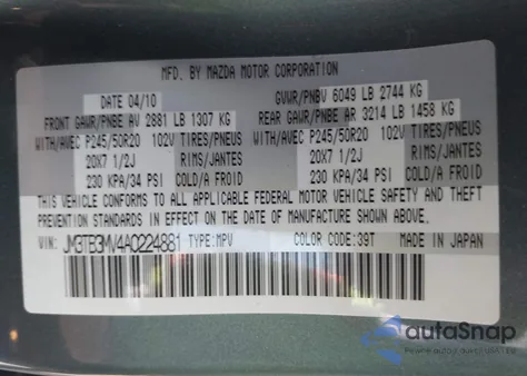 2010 Mazda Cx-9 Grand Touring z USA, uszkodzony, nr VIN JM3TB3MV4A0224881